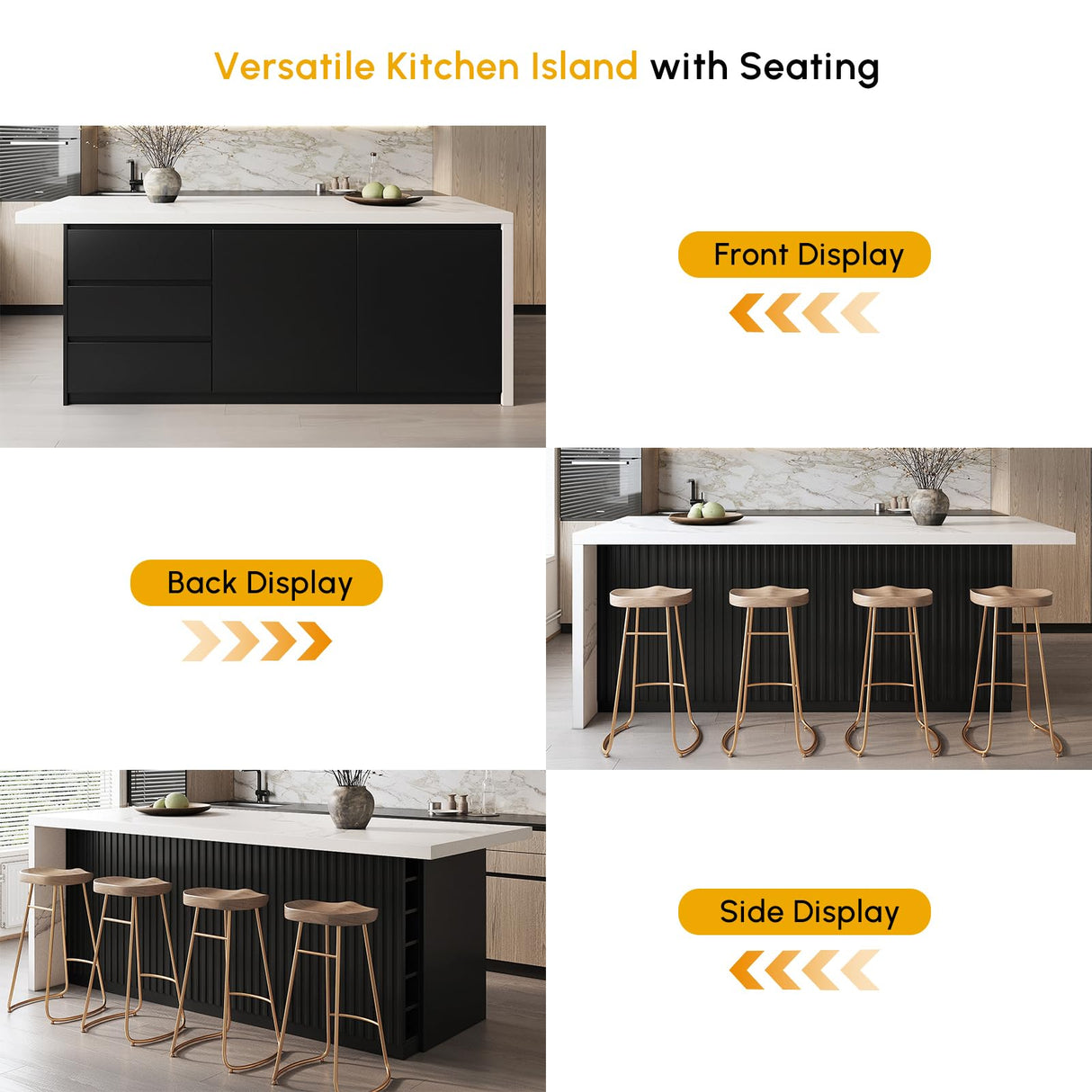 homary 72" Modern Kitchen Island with Storage & Seating White & Black Island Table for Kitchen with Drawers & Cabinet homary