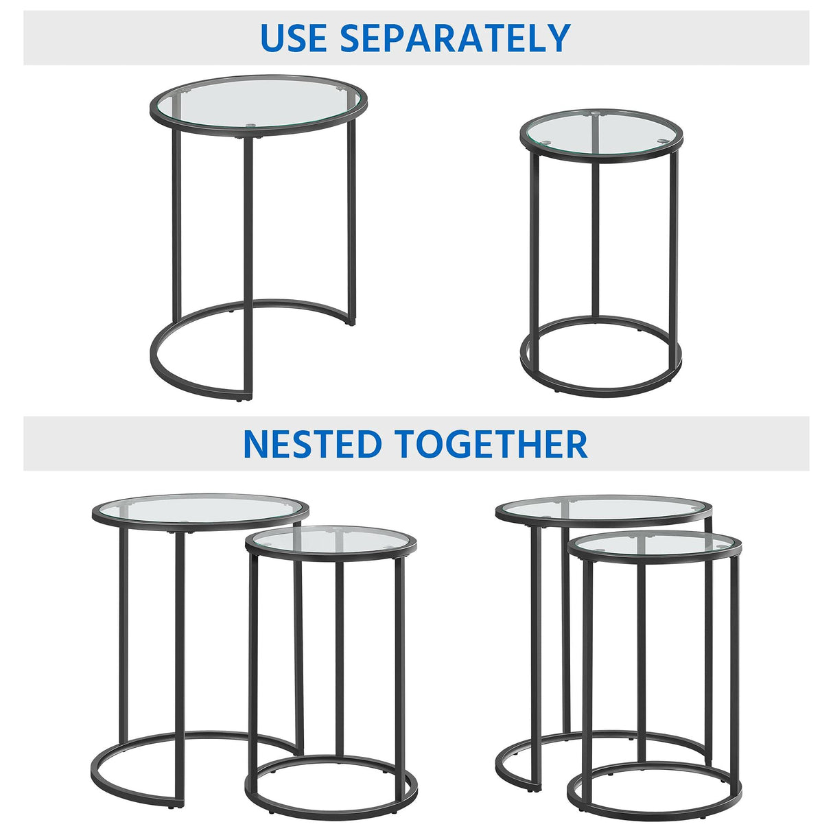 Yaheetech Round Nesting End Table Set of 2,Stacking Side Tables,Coffee Tables Set w/Metal Frame & Glass Top & Protective Foot Pads for Small Space, Living Room, Office- Black Yaheetech
