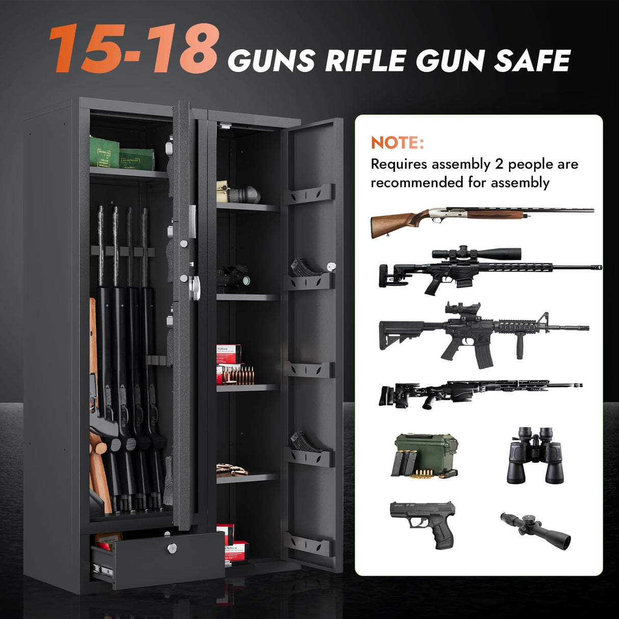 KAER 18-20 Gun Safe Gun Cabinet Large Gun Safes for Rifles and Pistols Rifle Safe for Home High Capacity Electronic Gun Cabinets for Rifles and Shotguns with Drawer,Removable Shelf KAER