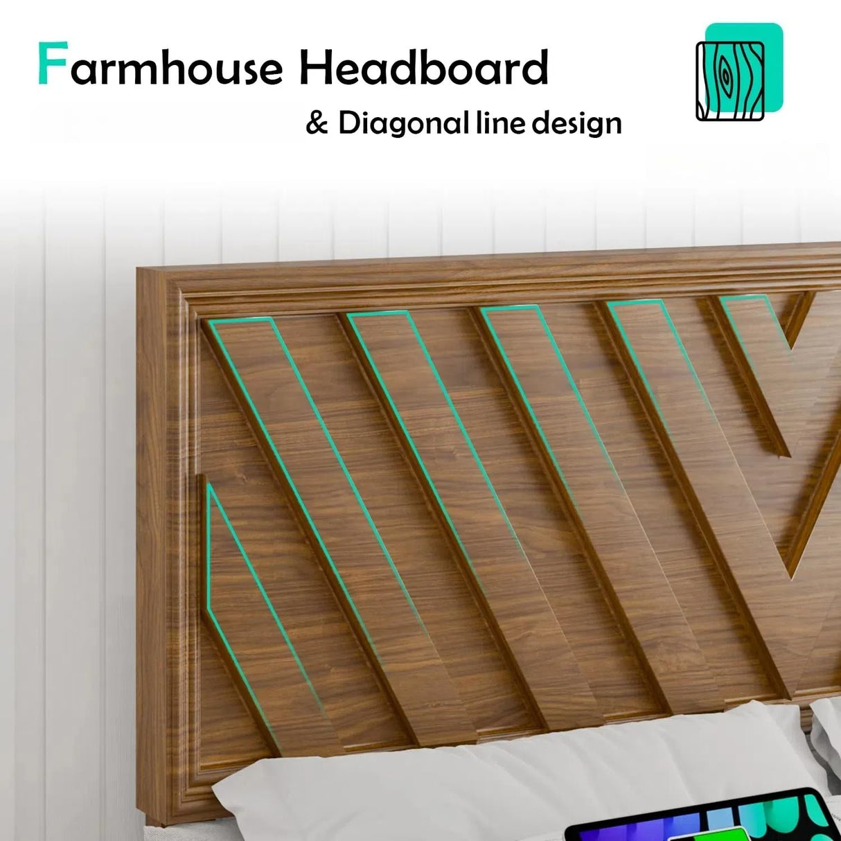 Incyneva Queen Bed with Adjustable Headboard, Farmhouse Platform Bed Wood with LED Light and Charging Station, Diagonal Line & Rustic Brown Incyneva