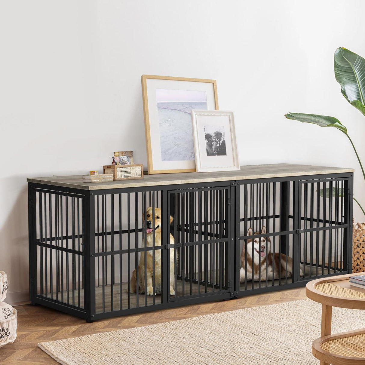 Lyromix 86.62''Dog Crate Furniture Large Breed TV Stand with Double Rooms,Wooden Dog Kennel Dog Crate End Table with Removable Divider for Large Medium Dogs, Can Use Separately Lyromix
