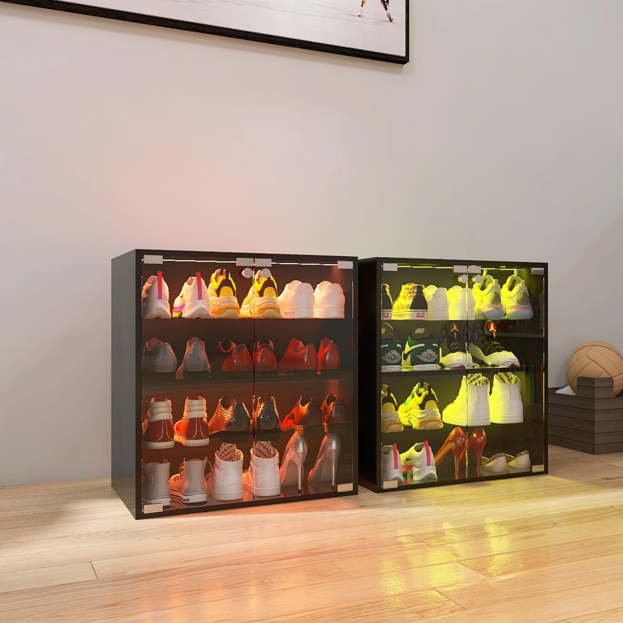 Veemuaro Shoe Storage Box, Wooden Shoe Storage Box with Glass Door, Shoe Organizer Storage Box with RGB Led Light and APP Control for Up To 8-12 Pairs of Shoes, Shoe Storage Bin For Display Sneakers Veemuaro