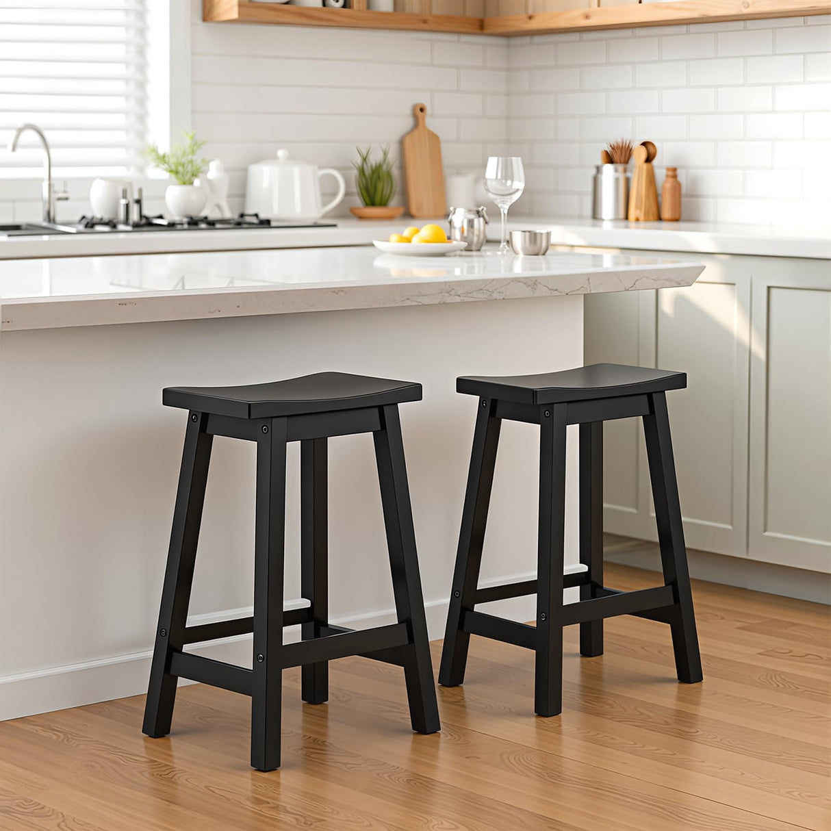 PayLessHere Bar Stools Set of 2, Wooden Saddle Stools 24 Inch Heigh, Bar Chairs Seat with Footrests and Industrial, Kitchen Counter Stools for Restaurant, Bistro Bar and Home Dining PayLessHere