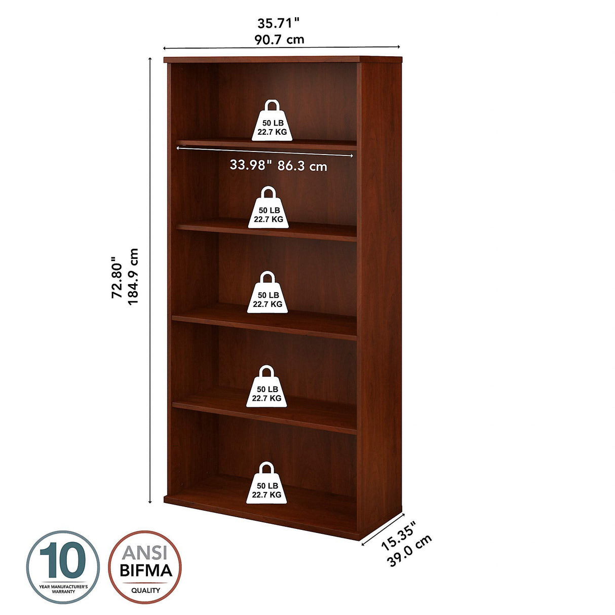 Studio C 5-Shelf Bookcase in Hansen Cherry Finish - 73 Inches High Bush Business Furniture