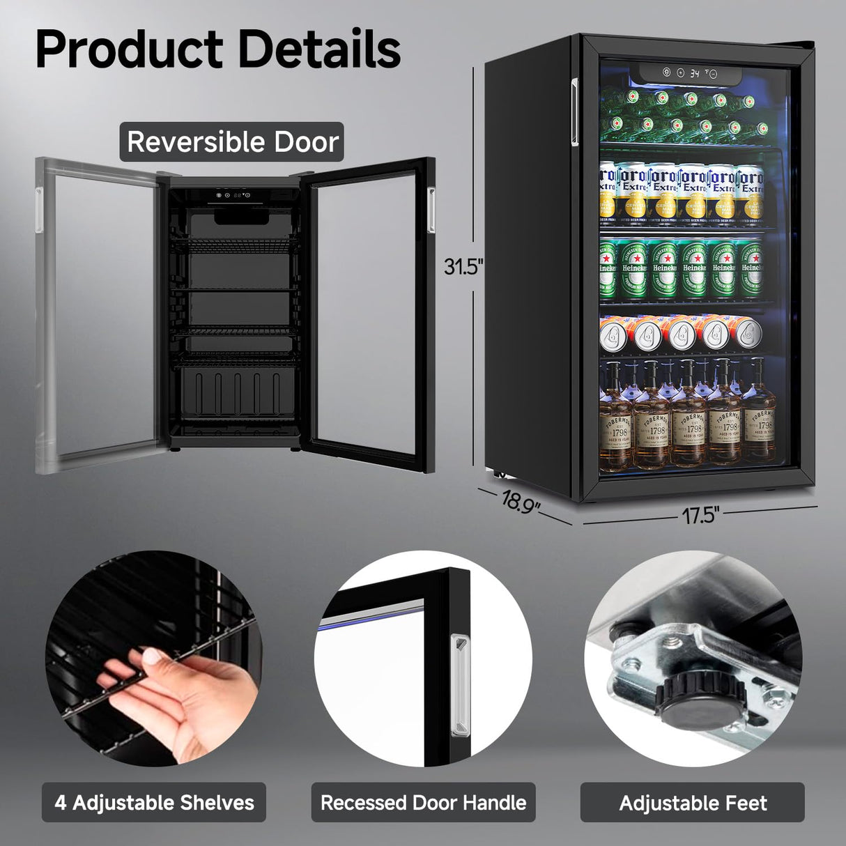 Feelfunn Beverage Refrigerator and Cooler - 126 Can Mini Fridge Glass Door for Soda Beer Wine - Freestanding Beverage Fridge for Bedroom Office Bar, 4 Adjustable Shelves, 3.2 Cu.Ft, Black Feelfunn