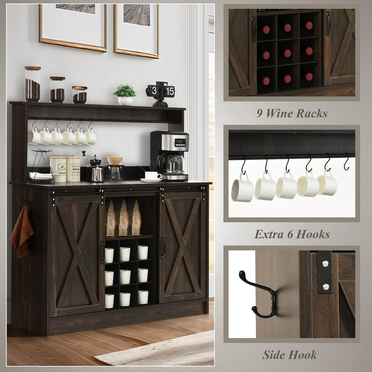 Farmhouse Coffee Bar Cabinet with 6 Hooks, 47 Inch Coffee Bar Hutch with 9 Wine Racks, Coffee Bar Table with Sliding Barn Door, Wine Bar with Adjustable Shelves for Dining Living Room, Dark Oak 4ever2buy