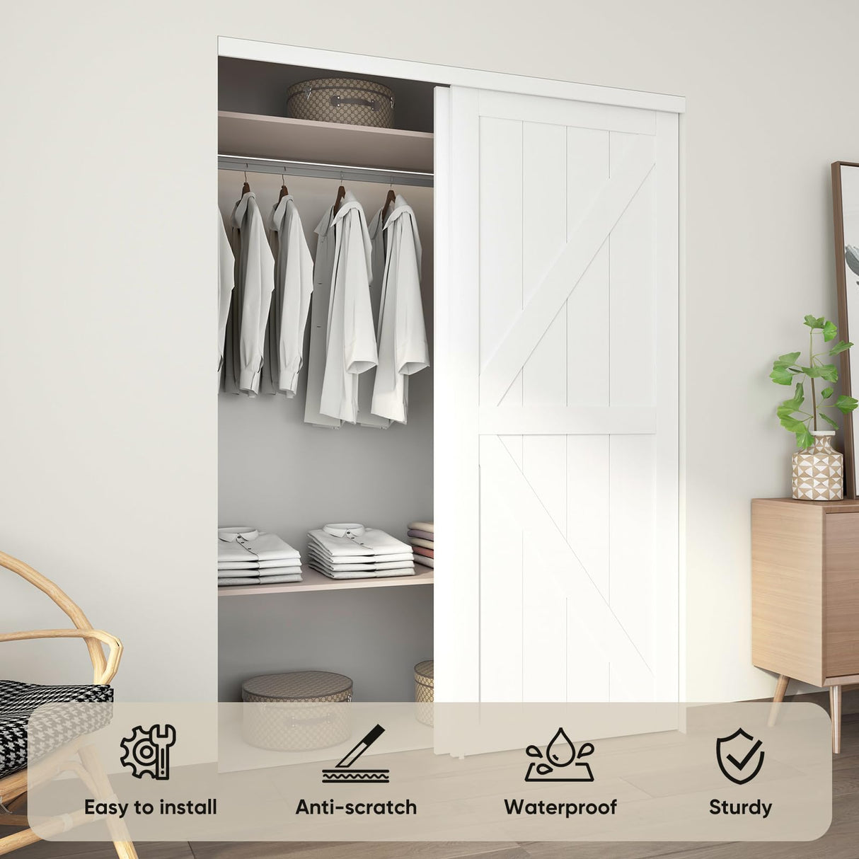 JUBEST 60"(Double 31") x80" Sliding Closet Door, K Style MDF Bypass Closet Door with Hardware Kit & Matching Fascia, Preassembled Solid Wood Slab with Water-Proof PVC Surface, Easy to Install, White JUBEST