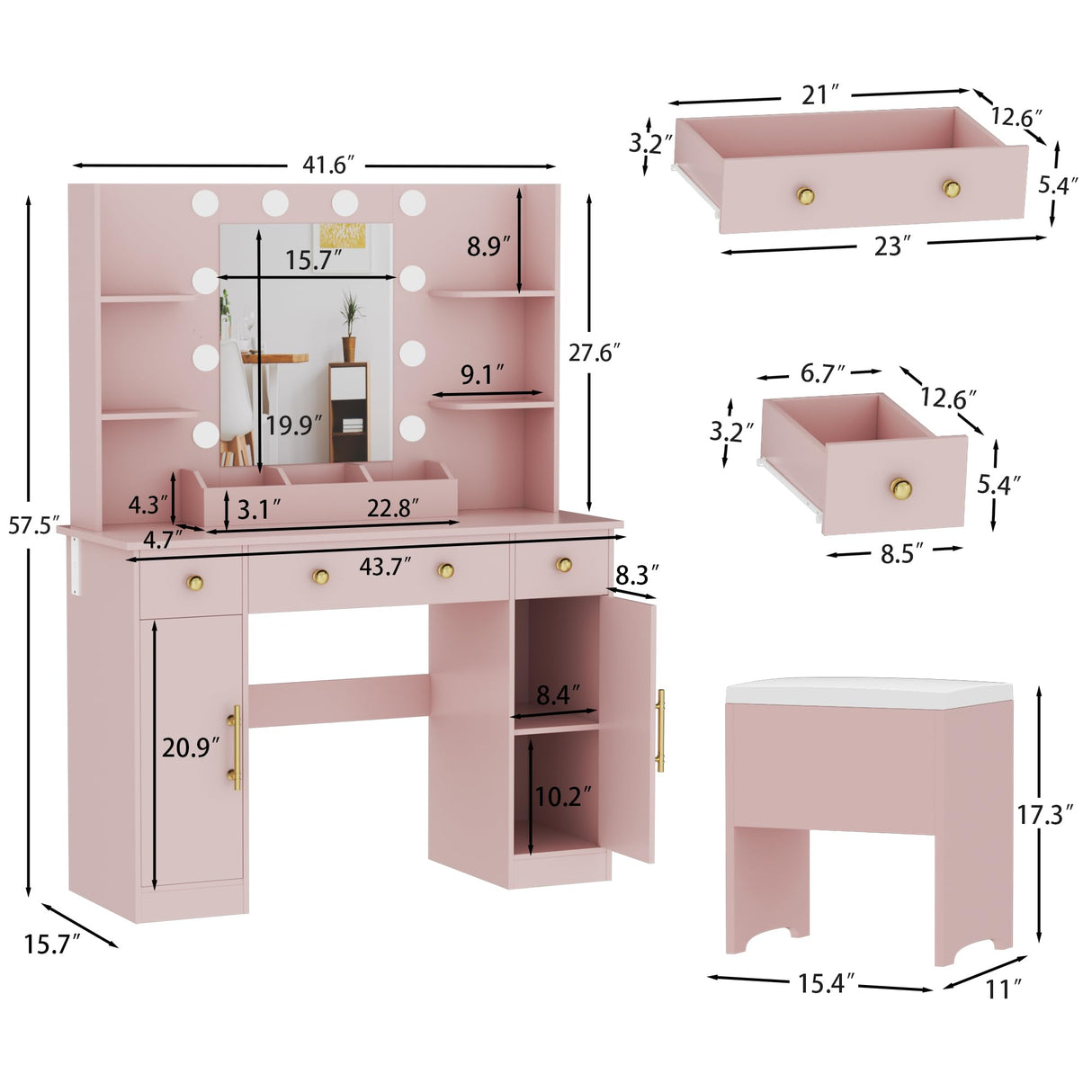 HUANLEGO Vanity Desk with Mirror and Lights,Pink Makeup Vanity with Charging Station & Vanity Stool, 3 Drawers and Cabinets White Vanity Mirror with RGB LED Lights Vanity Desk and Chair for Women HUANLEGO