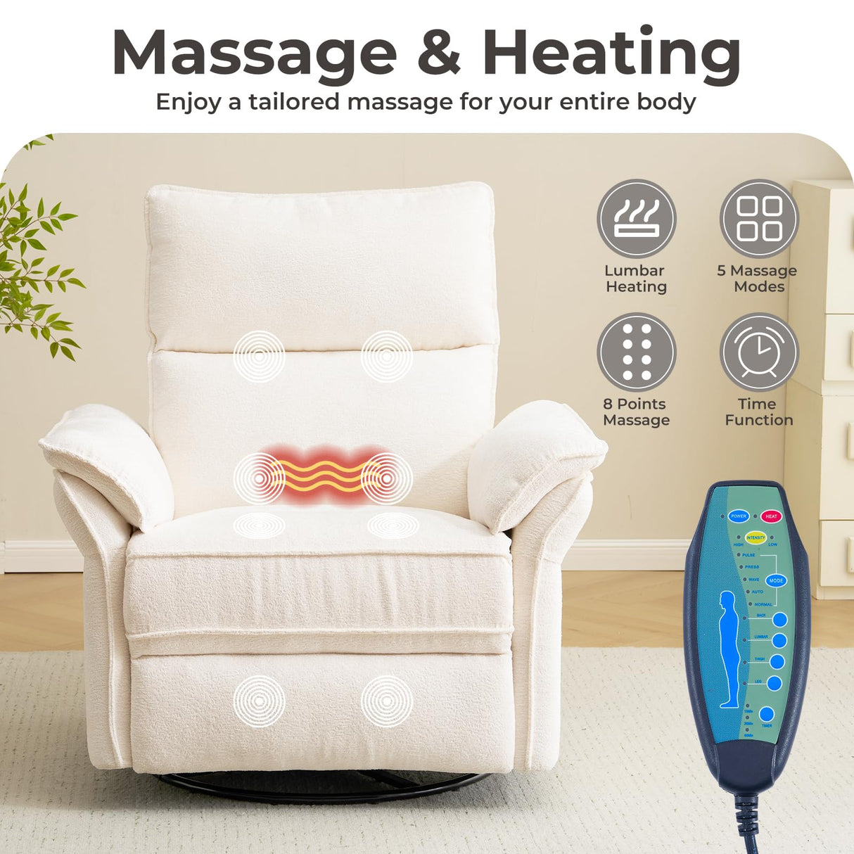 Oversized Power Recliner Chairs for Adults with Massage and Heat, Power Swivel Rocker Recliner Chair with Adjustable Headrest, 26" Extra Wide Rocker Nursery Recliner with USB Port, White RUTOX