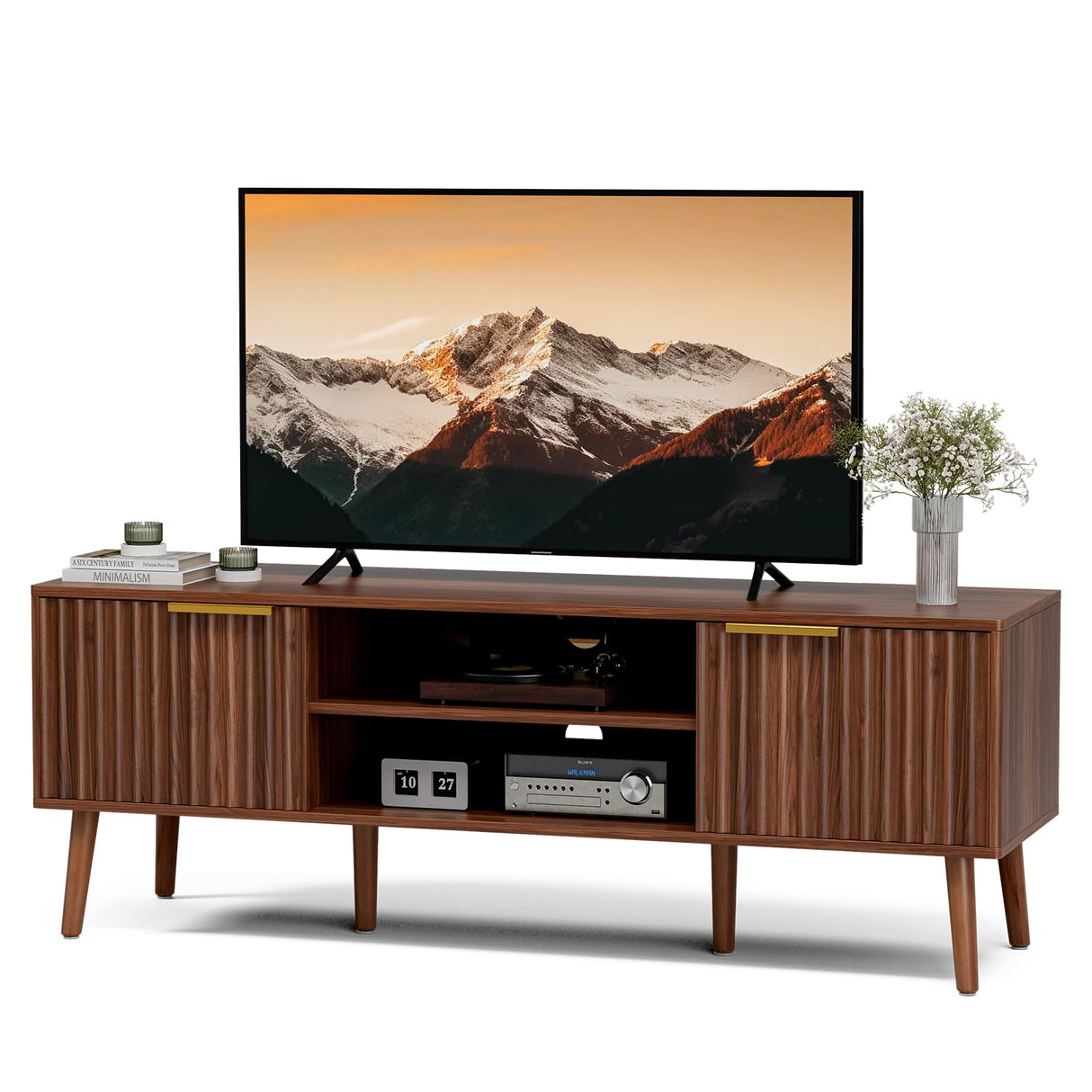 TV Stand for Living Room, Mid Century Modern Entertainment Center for 55/60/65 inch TVs, TV Console with Fluted Door Cabinets and Open Shelves, for Bedroom, Walnut LCRBOL