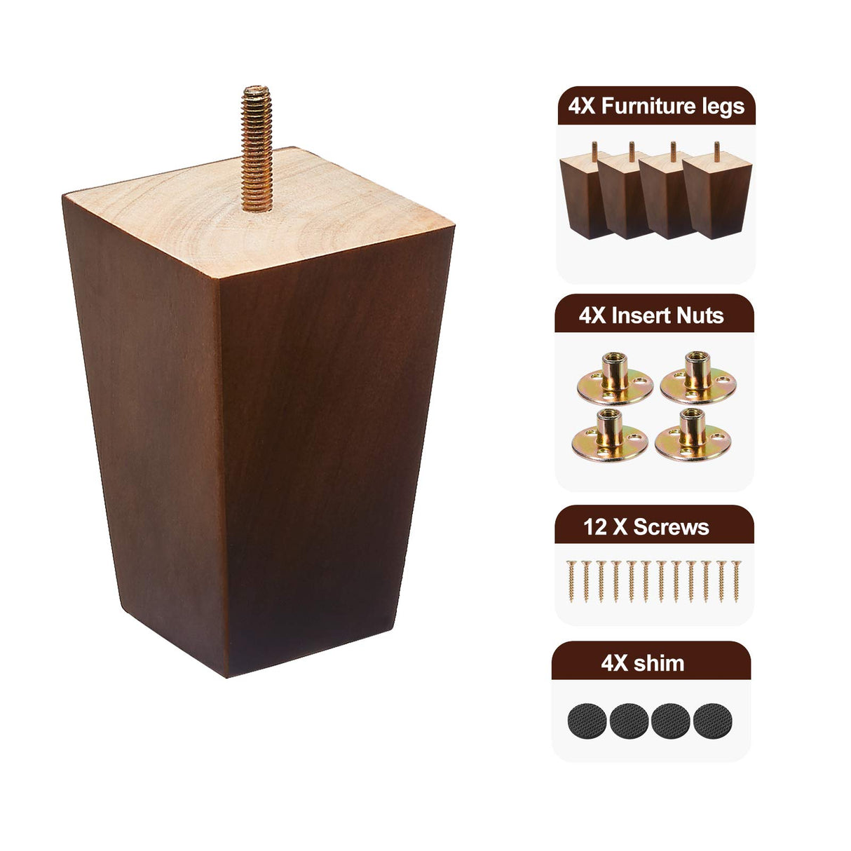 SHANJUE Wood Furniture Legs 4 inch Sofa Legs Set of 4,Square Brown Couch feet,Mid Century Chair Legs,Replacement Couch Legs, for Dresser Legs Sideboard Recliner Coffee Table SHANJUE