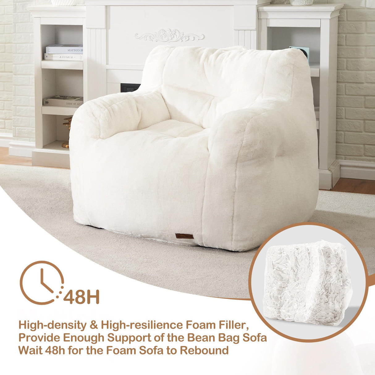Hobestluk Bean Bag Chair for Adult Small Bean Bag Chairs with Arms Furry Beanbag Chair with Foam Filler Stuffed Bean Bag Sofa for Reading in Bedroom Living Room and Dorms(White) Hobestluk