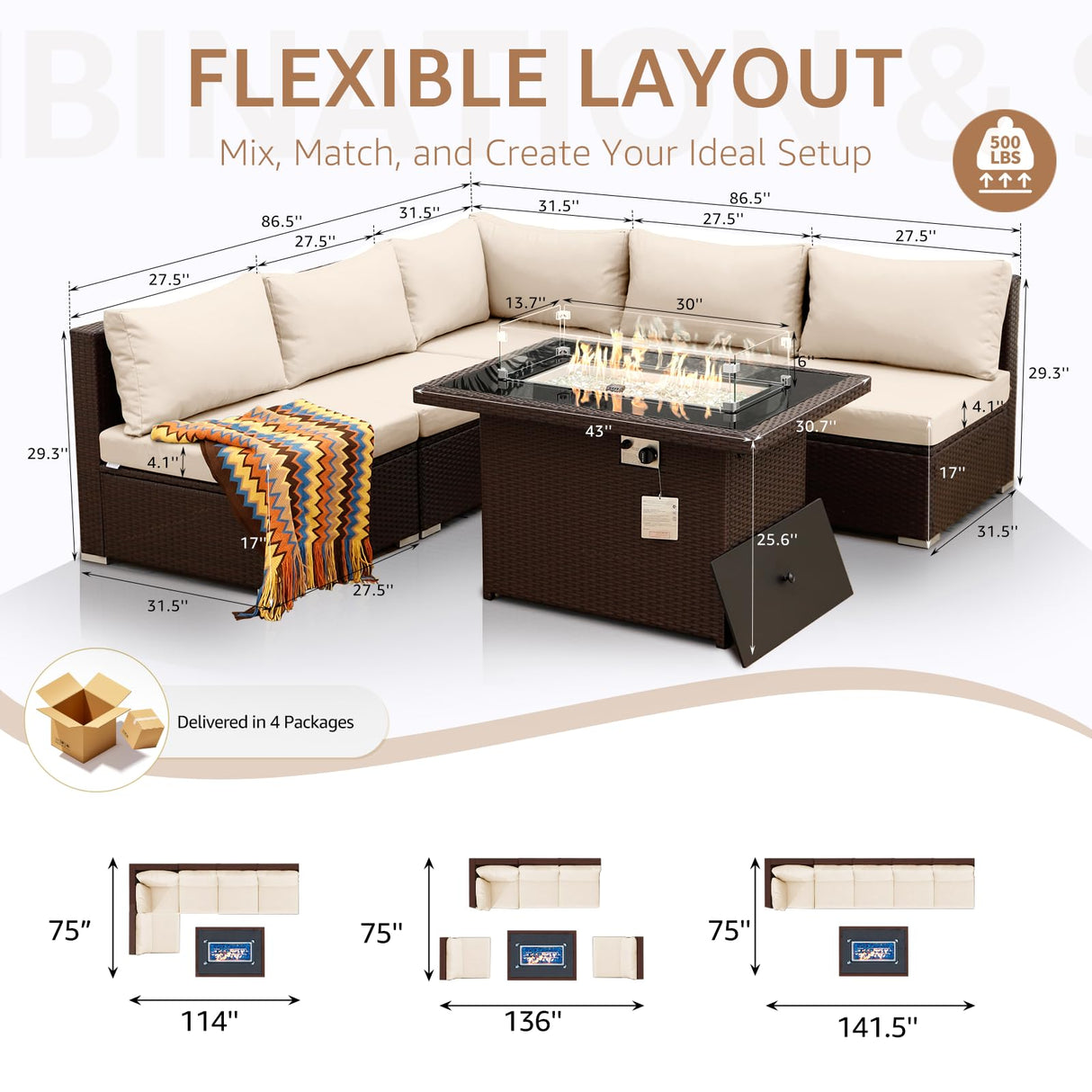 NICESOUL 6 Piece Patio Furniture Set with Firepit, 29.3'' High-Back Outdoor Sectional with Fireplace Natural Gas Propane Convertible, Comfy Deep Wide Seating Conversations for Outside, Brown NICESOUL