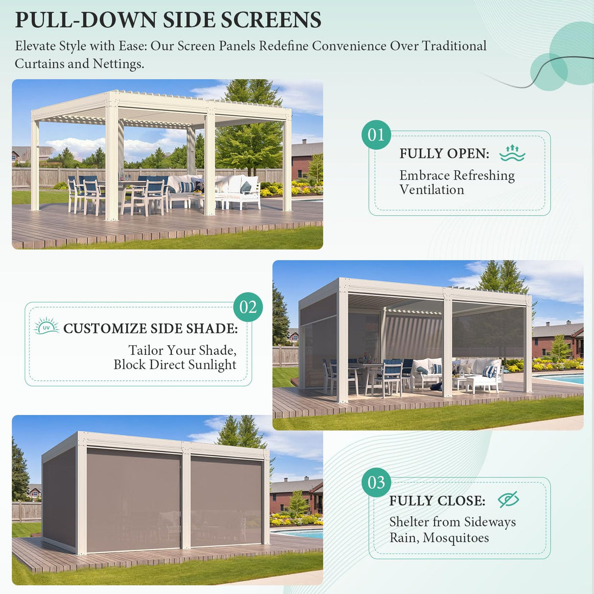 YOLENY Louvered Pergola and 6 Pull-Down Screens, 12x16FT All Aluminum Pergola with Adjustable Rainproof Roof, Outdoor Sun Shade Shelter for Patio, Weatherproof, White YOLENY