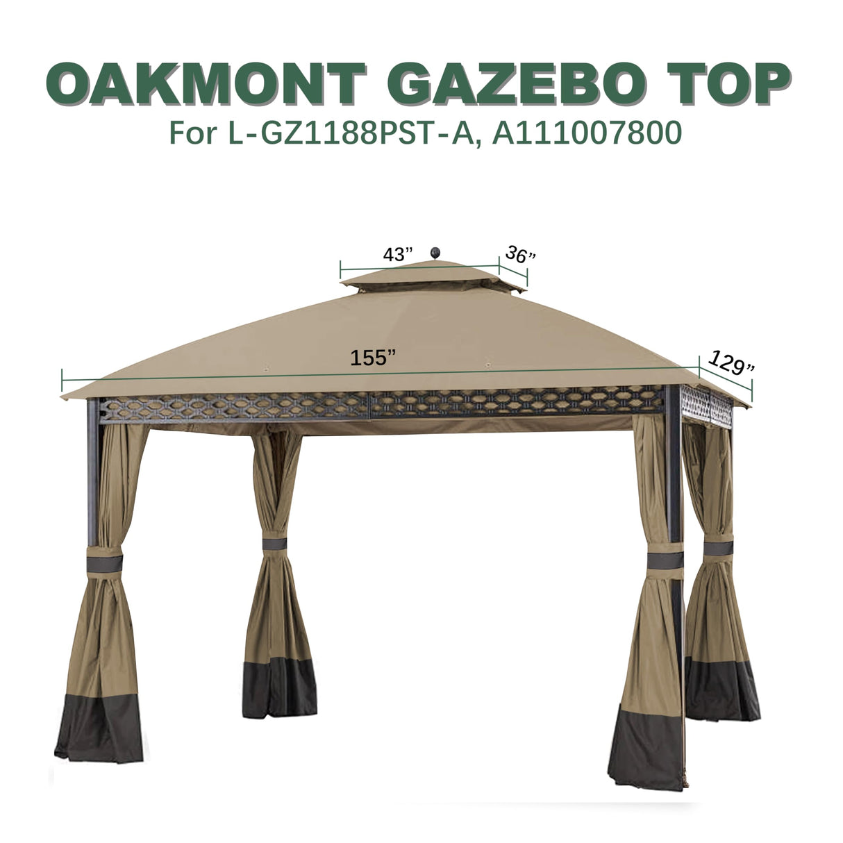 JANCANOPY Replacement Cover for 10X12Ft Oakmont Gazebo L-GZ1188PST-A,Pinehurst Gazebo L-GZ1188PST,Khaki JANCANOPY