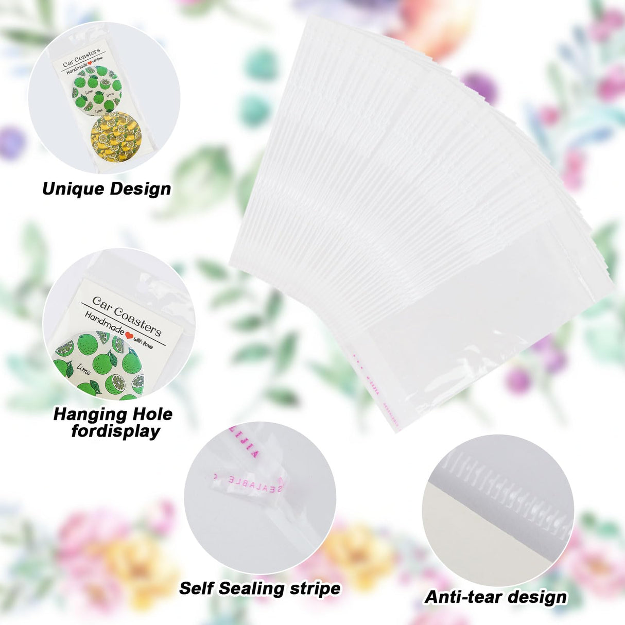 Car Coaster Packaging for Selling, 120PCS Sublimation Car Coasters Display Hanging Bags with 120PCS Cards, Car Coasters Display Cards 6.8 * 3", Pack Two 2.75" Coasters (not Included) (White) BigKing