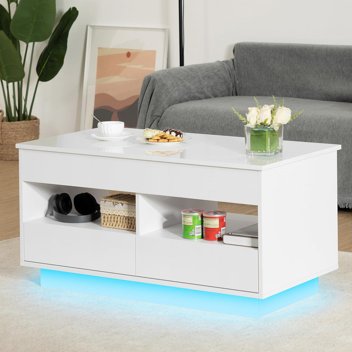 HOMMPA Lift Top Coffee Table with Storage LED Coffee Table Morden High Gloss Black Living Room 4 Tiers Modern Tea Table with Storage Center Tables Hidden Compartment & 2 Open Shelve & 2 Drawers HOMMPA