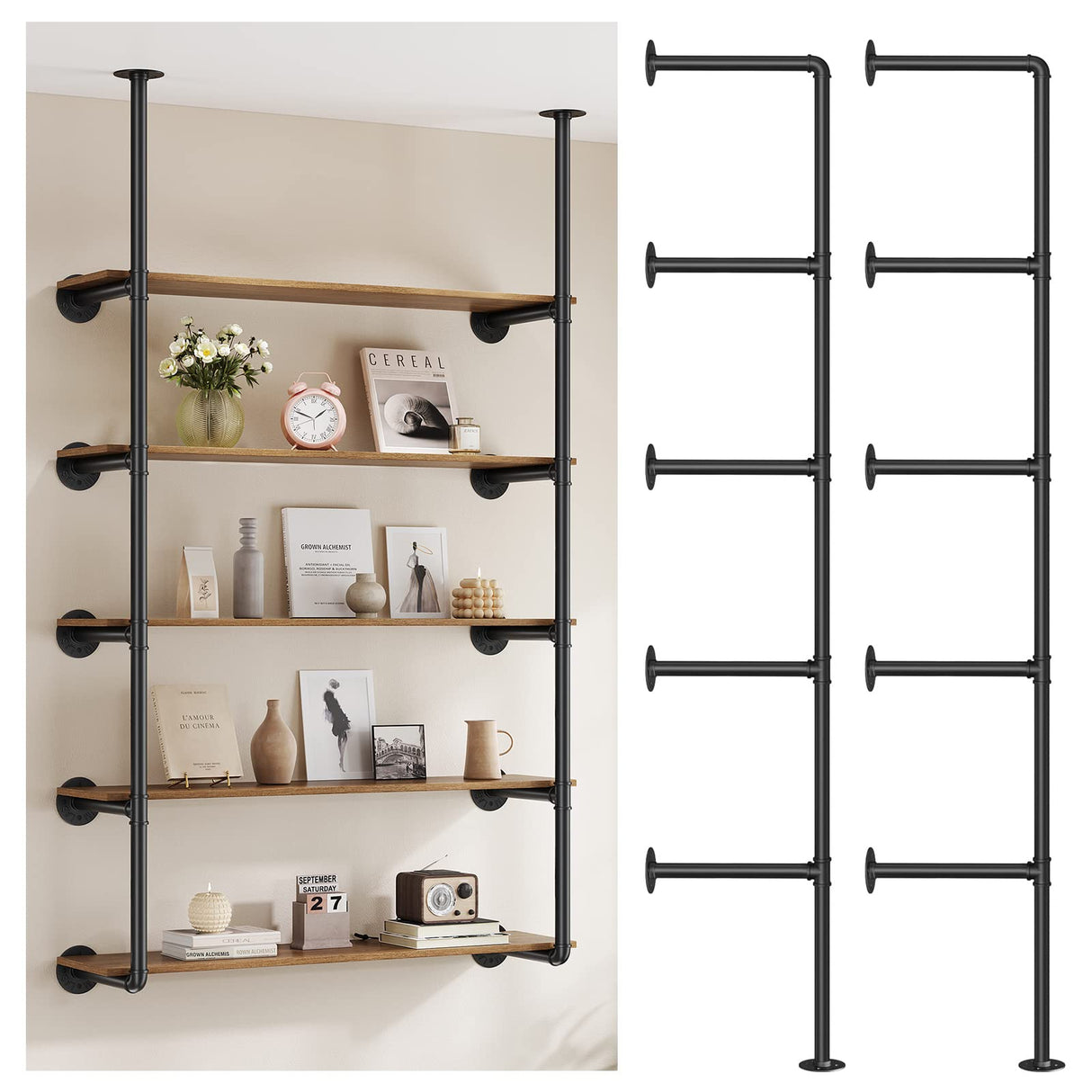 Pynsseu Industrial Iron Pipe Shelf Wall Mount, Farmhouse DIY Open Bookshelf, Pipe Shelves for Kitchen Bathroom, bookcases Living Room Storage, 2Pack of 5 Tier Pynsseu