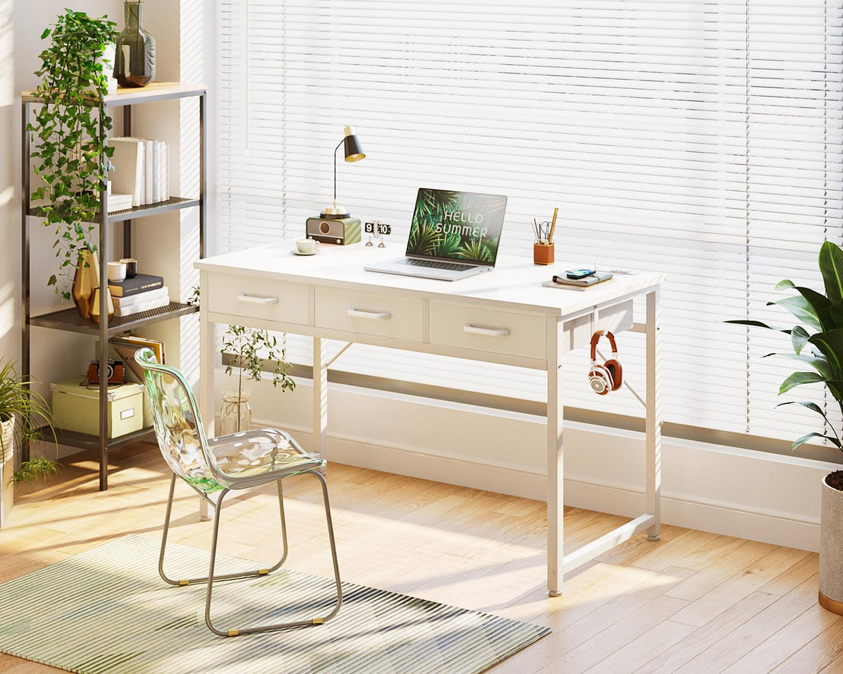 AODK 48" Vanity Desk no Mirror with 3 Fabric Drawers, Small Makeup Vanity Desk for Bedroom with Power Outlet, White Vanity Table with Versatile Hook, Girls Vanity Makeup Table, White AODK