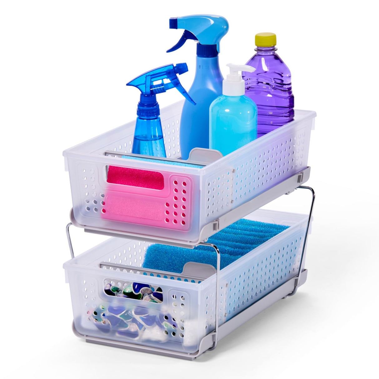 madesmart 2-Tier Organizer, Multi-Purpose Slide-Out Storage Baskets with Handles and Dividers, Frost madesmart