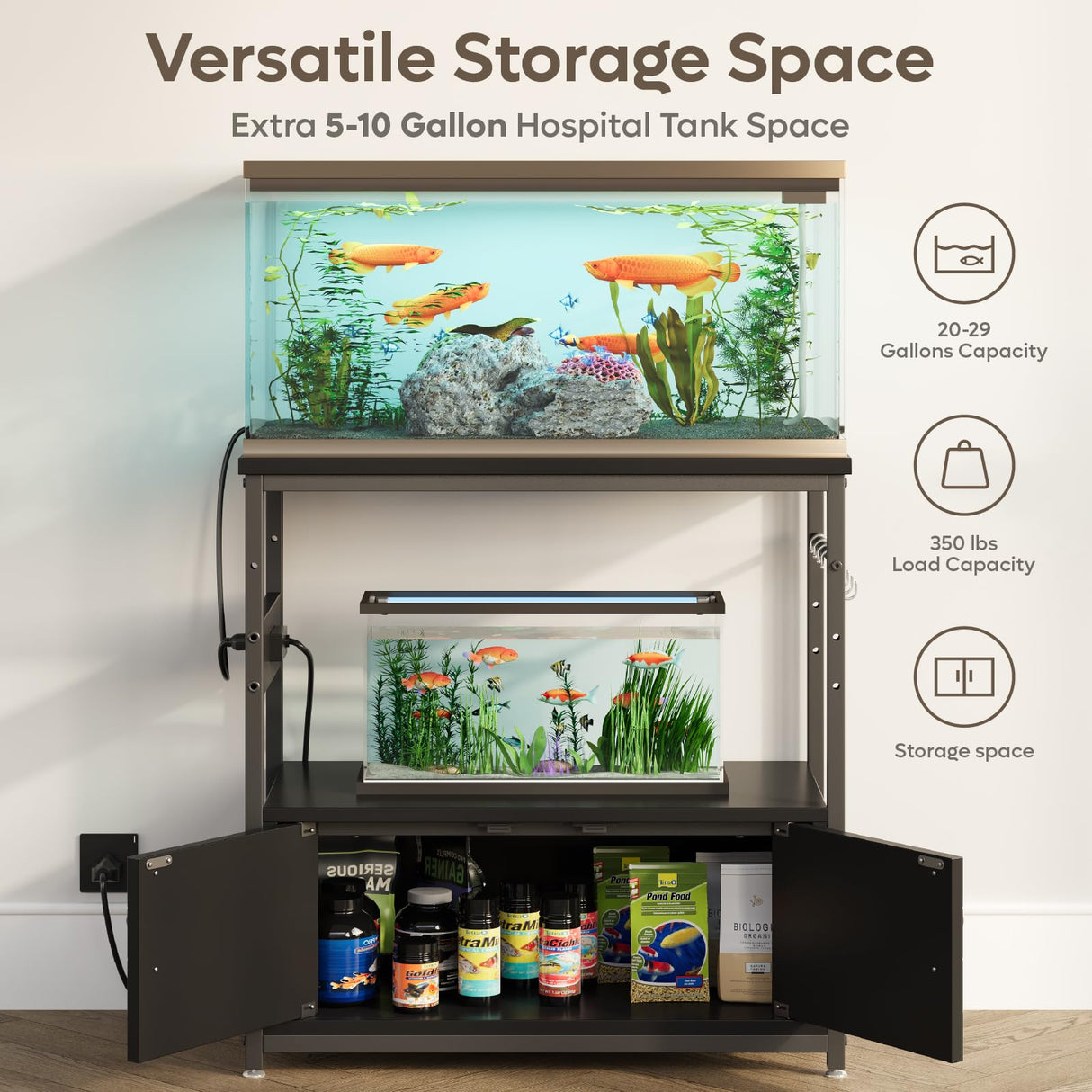 Bestier 20-29 Gallon Fish Tank Stand with Power Outlets, Metal Long Aquarium Stand with Storage Cabinet, 31x15 Reptile Terrarium Stand with Horizontal Gold Line, Stainless Hooks, 350 Lbs(Black) Bestier