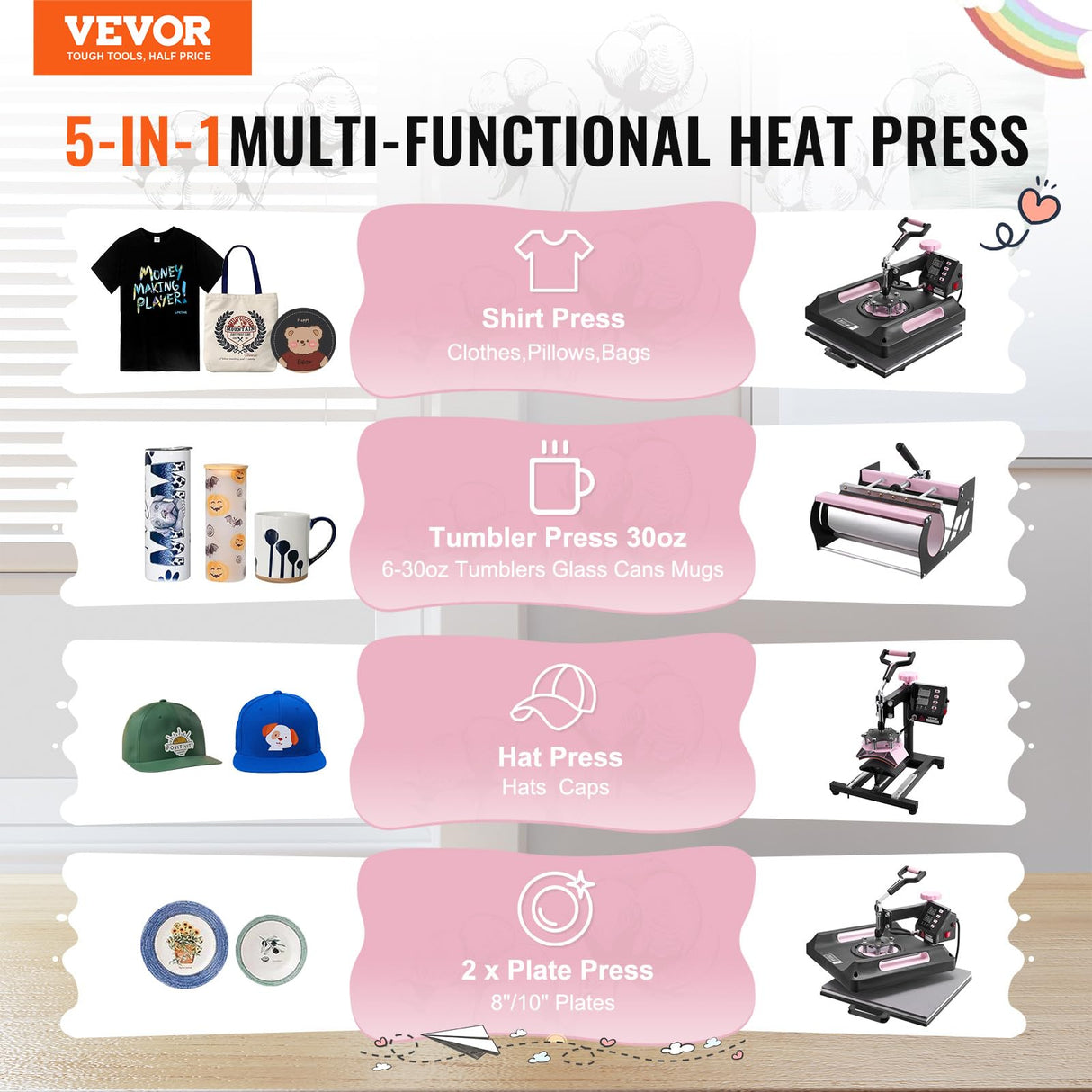 VEVOR Heat Press Machine, 5 in 1 Heat Transfer Machine with 30 oz Tumbler Press, 15 x 15 inch, 360° Swing Away Digital T-Shirt Pressing Machine, Teflon Coating, for T-Shirts/Mugs/Hats/Plates, Black VEVOR