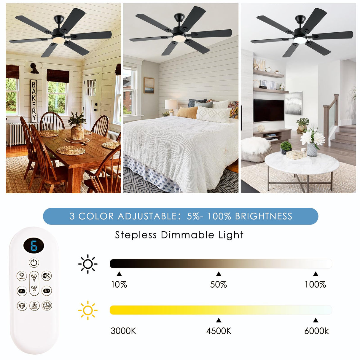 FUMLTP 56inch Black Ceiling Fans with Lights and Remote/App Control, Dimmable LED, Reversible DC Motor, Noiseless, 6 Double-Side blades, 6 Speeds Low Profile Ceiling Fan for Indoor/Outdoor Use FUMLTP