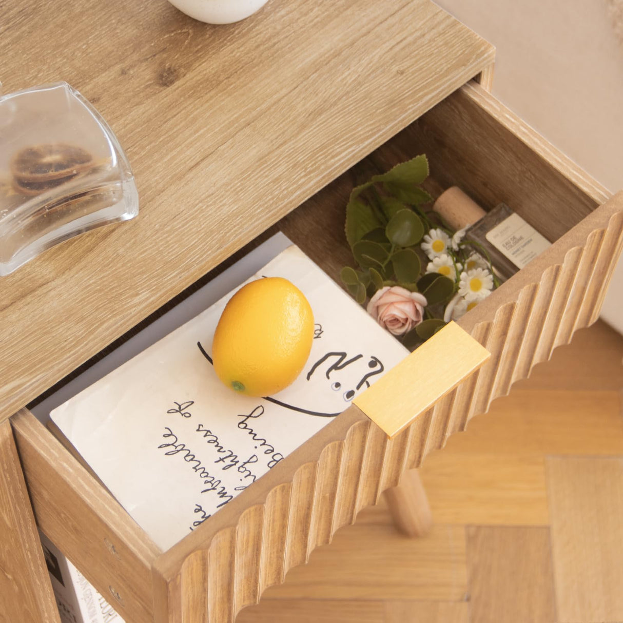 Fultyle Wood Nightstand with Charging Station, Bedside Table with Fluted Drawers and Outlet, Boho Night Stand for Bedroom, Living Room, Office (Rustic Walnut) Fultyle