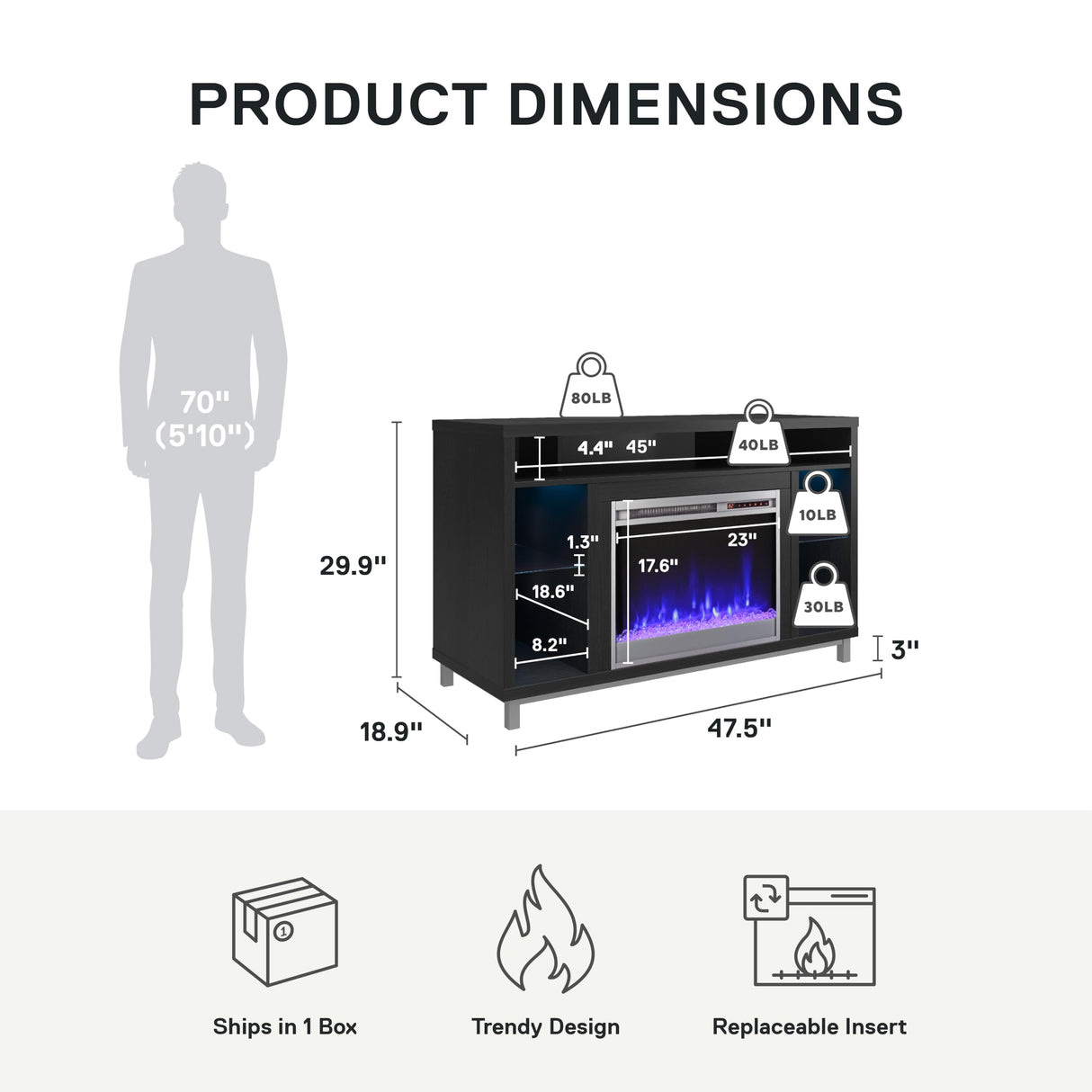 Ameriwood Home Lumina Fireplace TV Stand for TVs up to 48 Inch, Replaceable Electric Fireplace Insert Heater, Remote Control, Timer, Color Changing LED Lights, Crystal Ember Flames, Black Oak Ameriwood Home