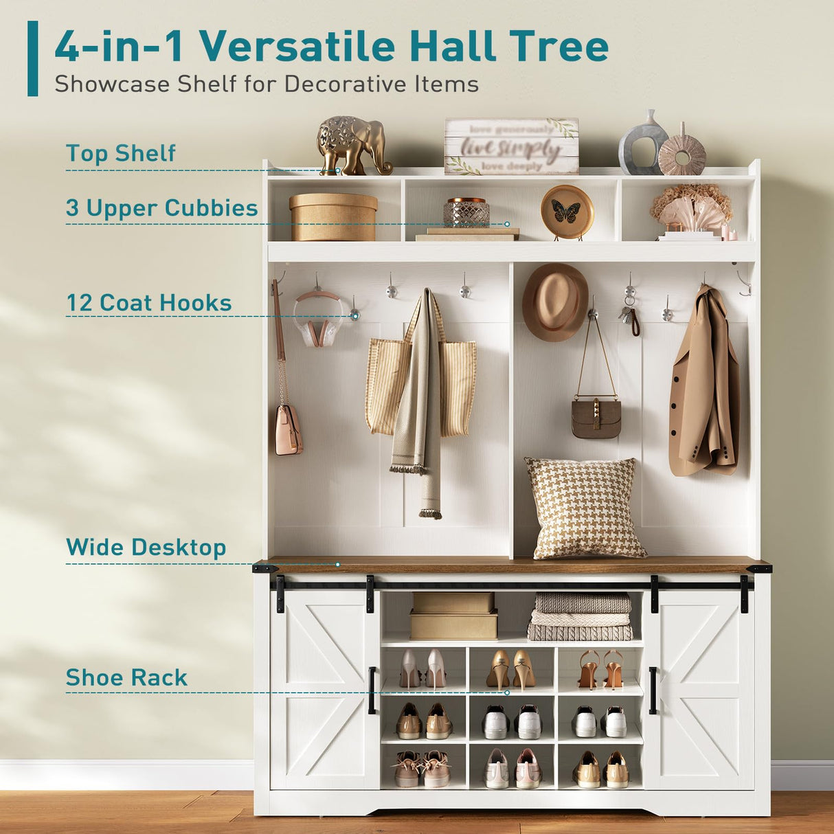 RALGEND Hall Tree with Bench and Shoe Storage, LED Coat Rack with 9 Shoe Cubbies and 12 Hooks, Sliding Barn Doors and Adjustable Shelves, for Foyer, Mudroom, Entryway, White and Walnut RALGEND