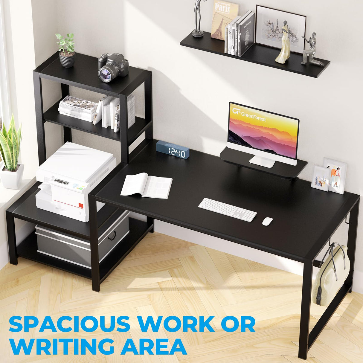 GreenForest Computer Desk 67 inch with Storage Printer Shelf, Reversible Gaming Home Office Desk Large Study Writing Table with Movable Monitor Stand and 2 Headphone Hooks for PC Working, Black GreenForest