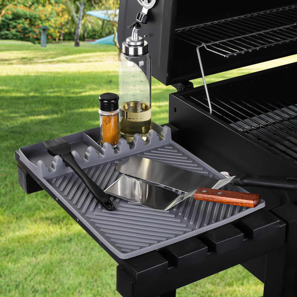 Griddle Mat Barbeque Grill Accessories Tools for Blackstone, Side Shelf Mat Grill Pad for Outdoor Grill Kitchen Counter Spatula Silicone Mat with Drip Pad for Kitchen, Cooking, Countertop (Grey) Find law