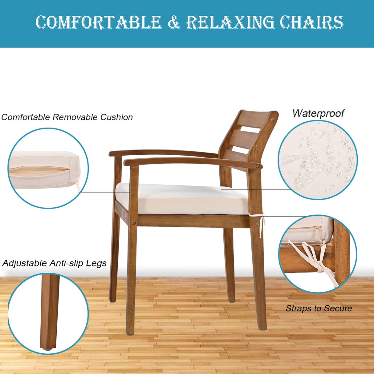 Goldshire 7 Pieces Outdoor Dining Set, 1 Acacia Wood Patio Table & 1 Bench & 5 Chairs for 7-8 Persons with Removable Cushions for Indoor Yard Garden Goldshire