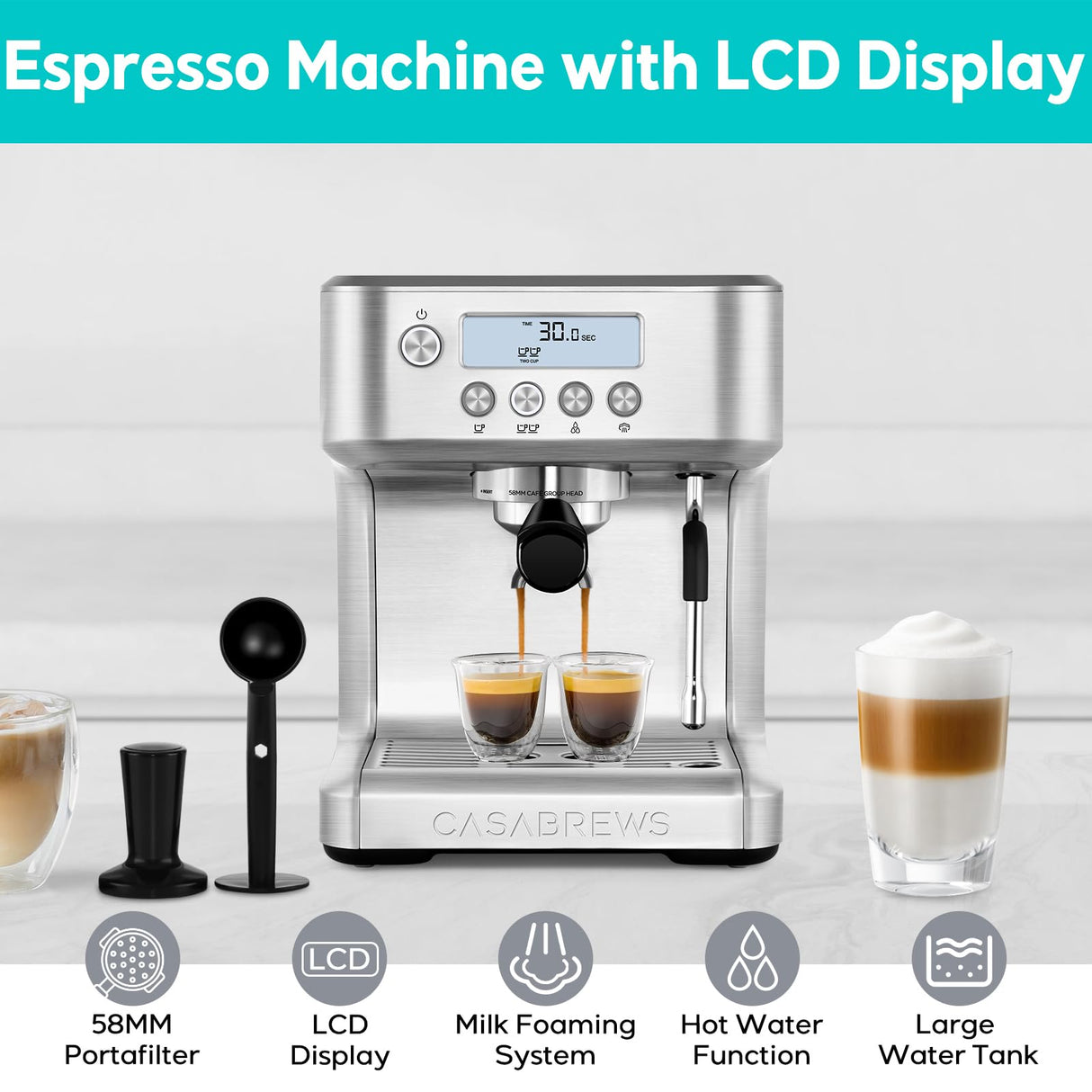 CASABREWS Espresso Machine with LCD Display, Powerful Milk Frother and Customizable Brewing Temperature, Provides Barista-Level Lattes and Cappuccinos CASABREWS