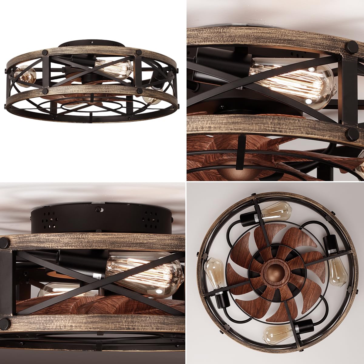 SHLUCE Farmhouse Flush Mount Caged Ceiling Fans with Lights, 6 Speeds, Rustic Low Profile Ceiling Fan with Light and Remote, Small Bladeless Ceiling Fans with Lights for Kitchen, Bedroom SHLUCE