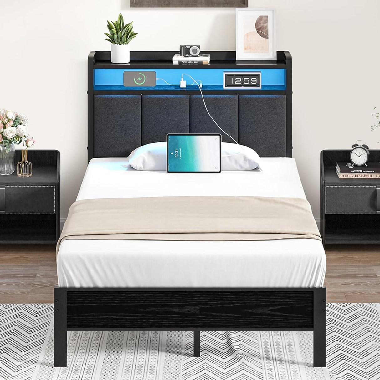 CHABUILDREARK Twin Bed Frames with LED Lights, Upholstered Metal Platform Bed with Charging Station and Storage Headboard, Heavy Duty Metal Slats, No Box Spring Need, Easy Assembly, Dark Grey CHABUILDREARK