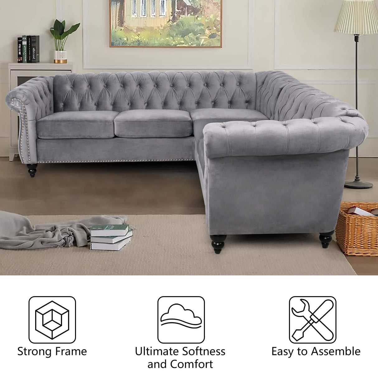 QHITTY L-Shaped Sofa, Sectional Chesterfield Couch 5-Seater Velvet Upholstered Small Accent Tufted Sofa with Rolled Armrest and Nailhead Design for Living Room, Apartment, Office (Grey) QHITTY