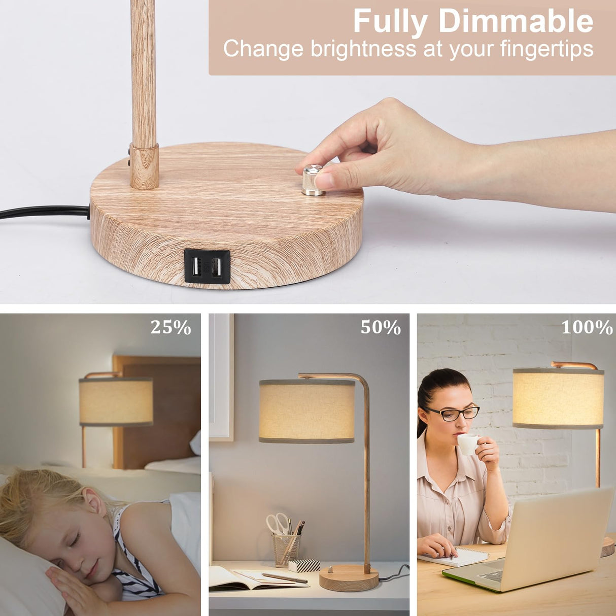 Farmhouse Table Lamp, Fully Dimmable Bedisde Lamp with Dual USB Charging Ports, Modern Nightstand Lamp, Tall Table Lamp Desk Reading Lamp for Living Room, Bedroom, Office, 9W LED Bulb Included Seaside village