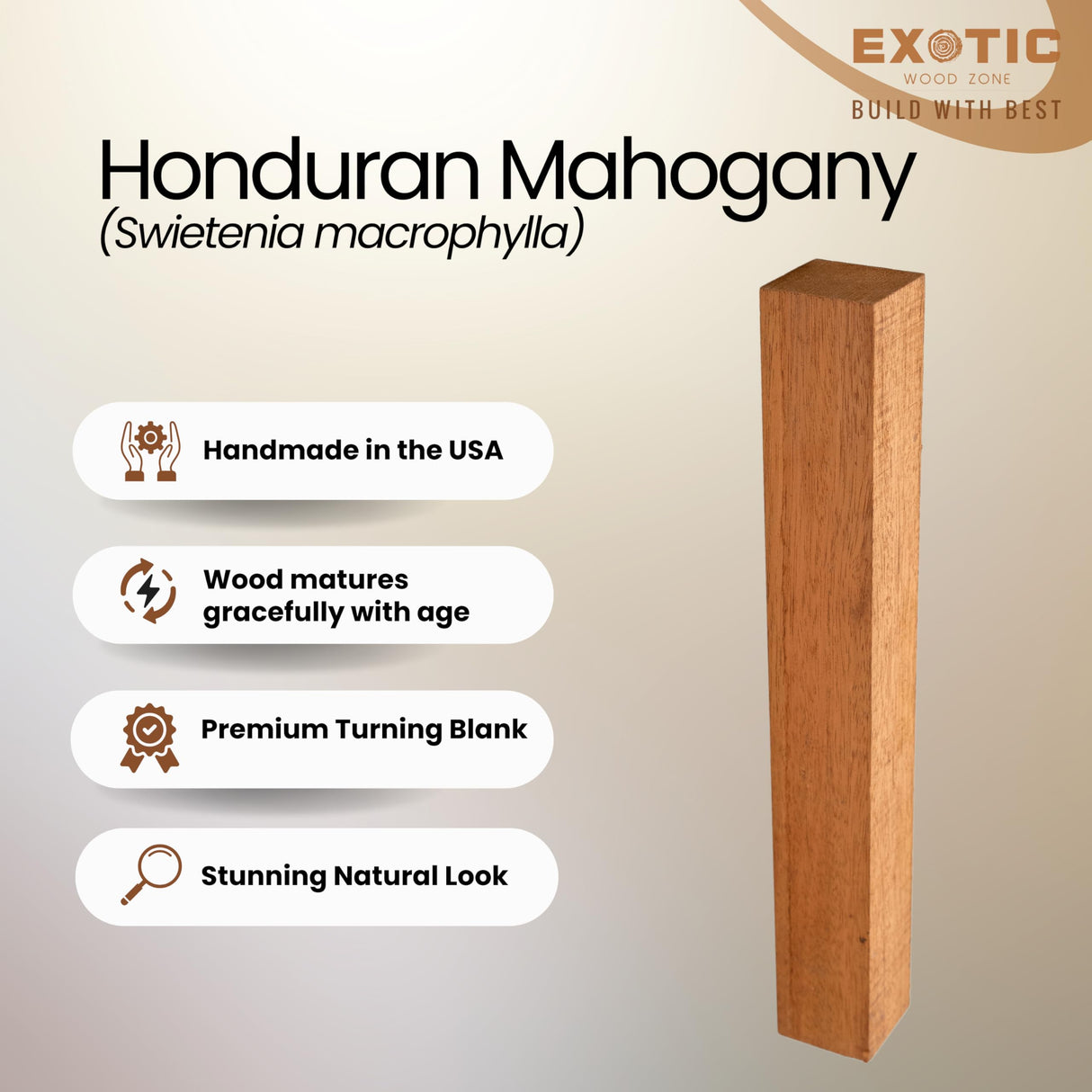 Exotic Wood Zone Honduran Mahogany Turning Wood Blanks (4 pcs) - Kiln-Dried Exotic Wood and Raw Lumber for Sustainable Woodworking, Woodcraft, and Lathe Projects (1" x 1" x 18") Exotic Wood Zone