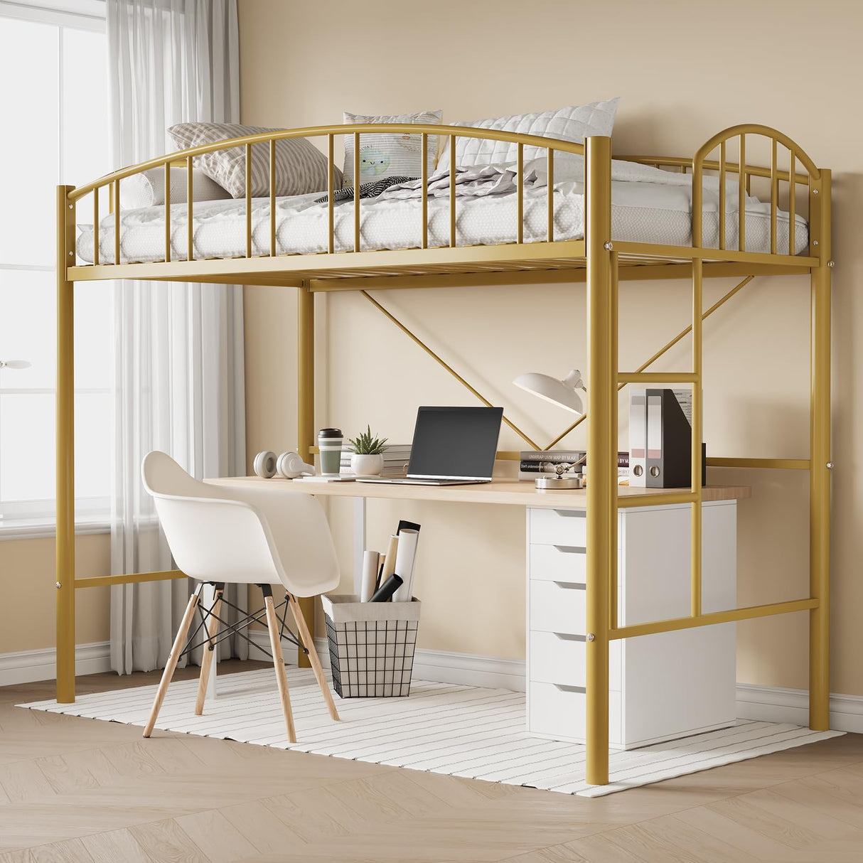 Garvee Loft Bed Twin Size with Ladde and Arched Guardrail, Heavy Duty Metal Loft Bed Frame for Kids and Adults, Sturdy Steel Slats Support, Small Space Saving Design, No Box Spring Needed, Gold Garvee