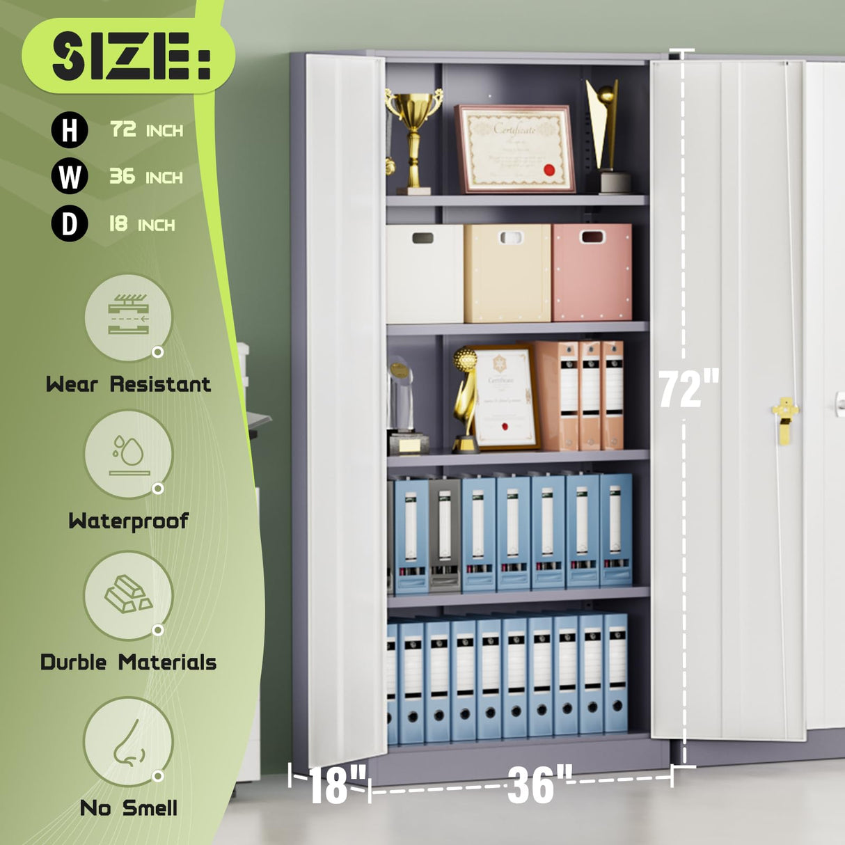 Crownland 72” Metal Storage Cabinet, Lockable Garage Storage Cabinets, High Office Storage Cabinet with Adjustable Shelves for Garage, Home Office, Classroom, Pantry, File(Grey White) Crownland