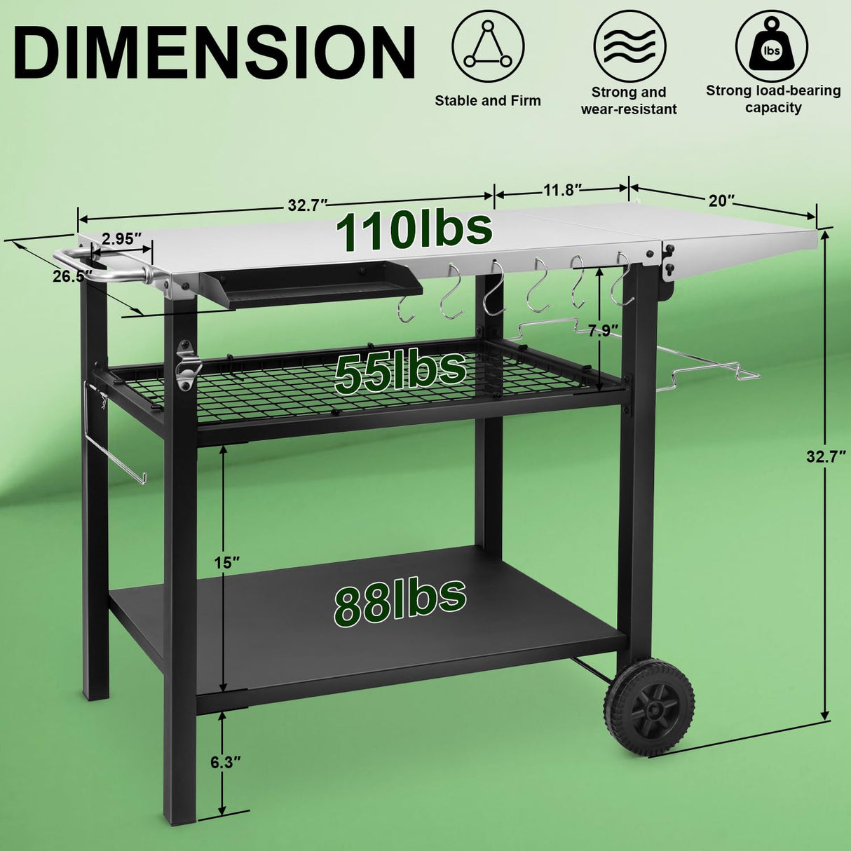 EDOSTORY Outdoor Grill Cart Table Pizza Oven Stand, Three-Shelf Stainless Steel Food Prep Table Patio BBQ Grill Table Bar Cart Kitchen Island with Wheels EDOSTORY