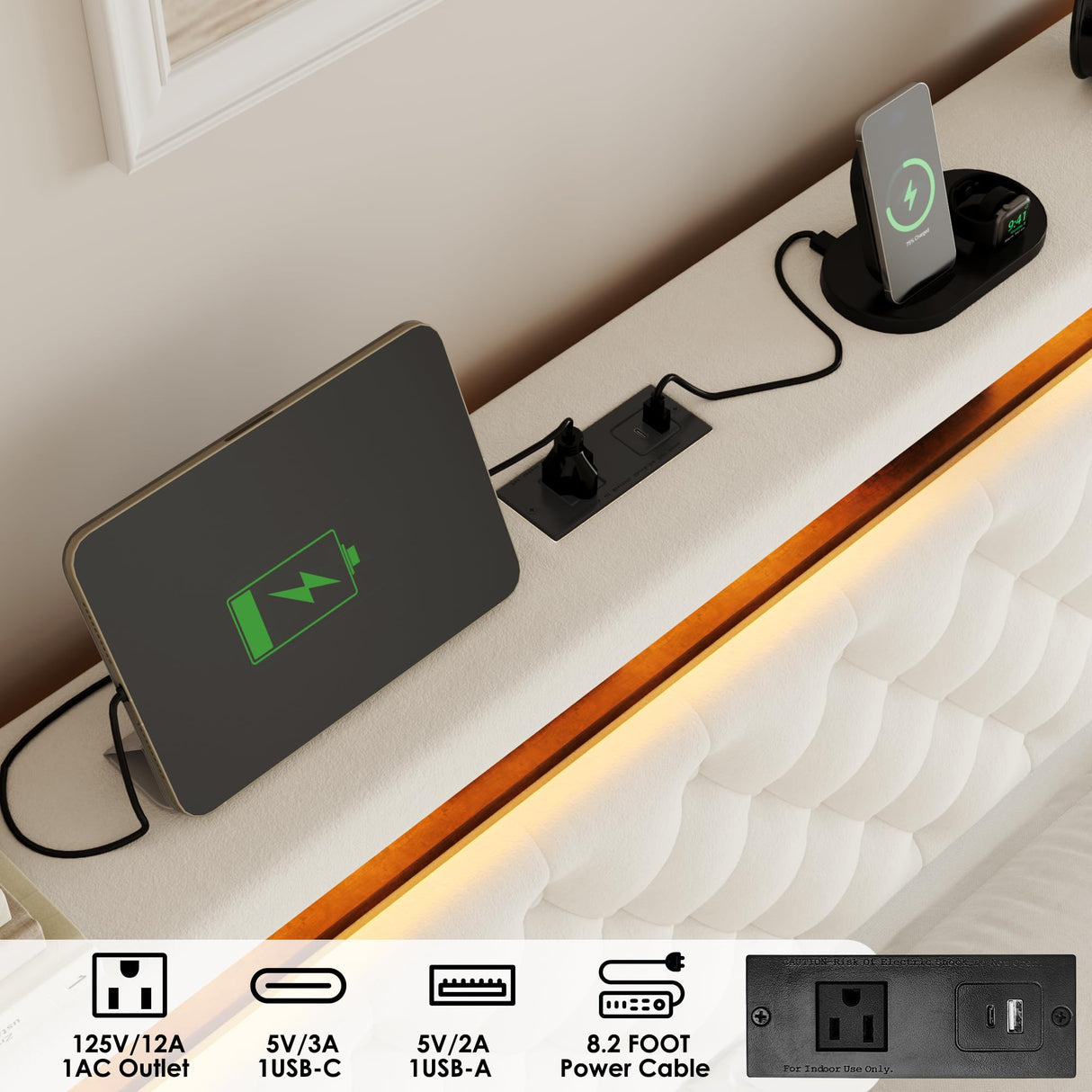 HIFIT Full Bed Frame with 2-Tier Storage Headboard & Hidden Storage, Velvet Upholstered Platform Bed Frame with 2 Drawers, Full Bed with Nailhead Headboard Built-in Charging Station & LED, Beige HIFIT