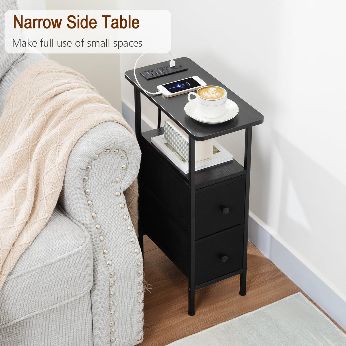 LOAKEKEL Narrow End Table Living Room with Charging Station, Skinny Side Table with Fabric Drawers, Slim Nightstand for Bedroom, Small Spaces, Couch, Black, HETNDP02BK-1 LOAKEKEL