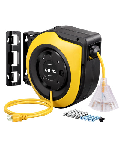DEWENWILS Retractable Cord Reel, 60FT Heavy Duty Extension Cord, 12AWG/3C SJTOW, 3 Grounded Outlets Lighted Triple Tap, 15A Circuit Breaker, Wall/Ceiling Mounted for Garage, Workshop, UL Listed