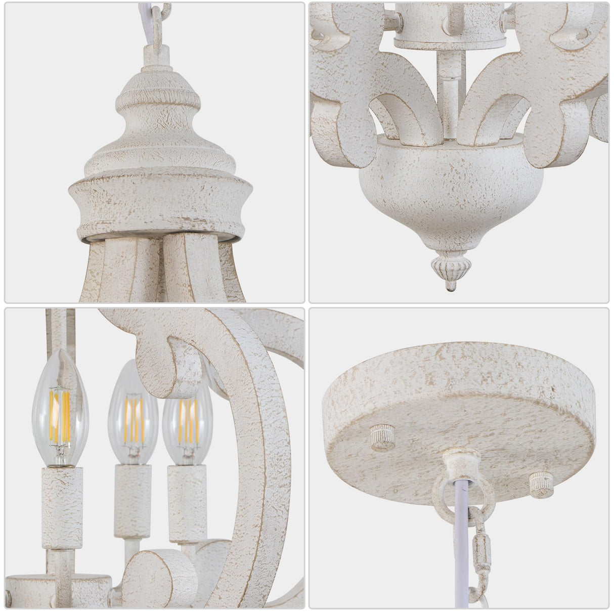 Antique White Farmhouse Chandelier Rustic Wood Pendant Light, 5 Lights 17 Inch French Country Chandelier Cottage Orb Chandeliers Hanging for Dining Room Kitchen Island Bedroom Foyer Cunfash