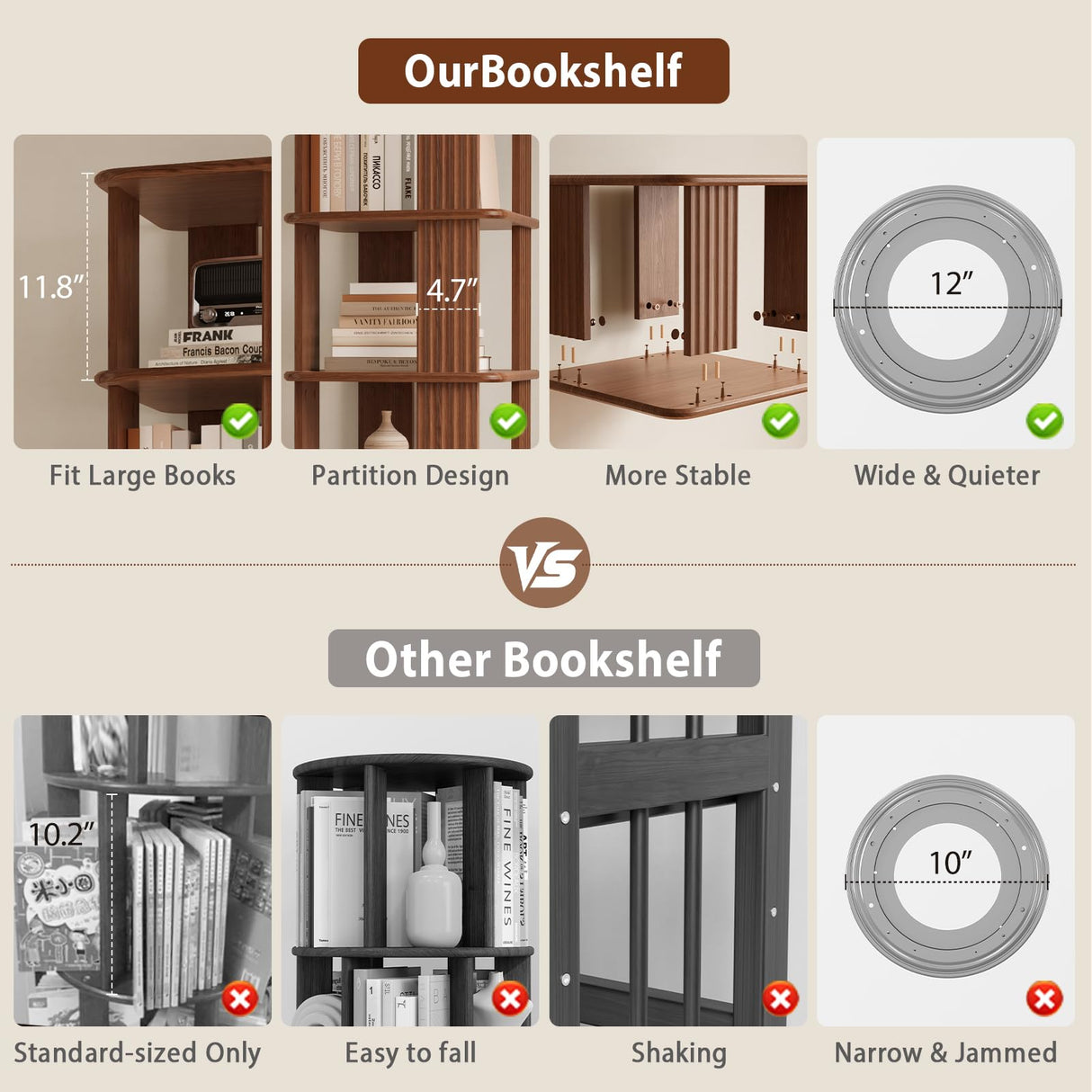 DONGMUWUJEE Solid Wood Rotating Bookshelf, 6-Tier Rolling Book Shelf,360 Degree Revolving Bookcase,Spinning Bookshelf Tower for Small Spaces, Corner, Bedroom,Office,Living Room,Classroom (Walnut) DONGMUWUJEE