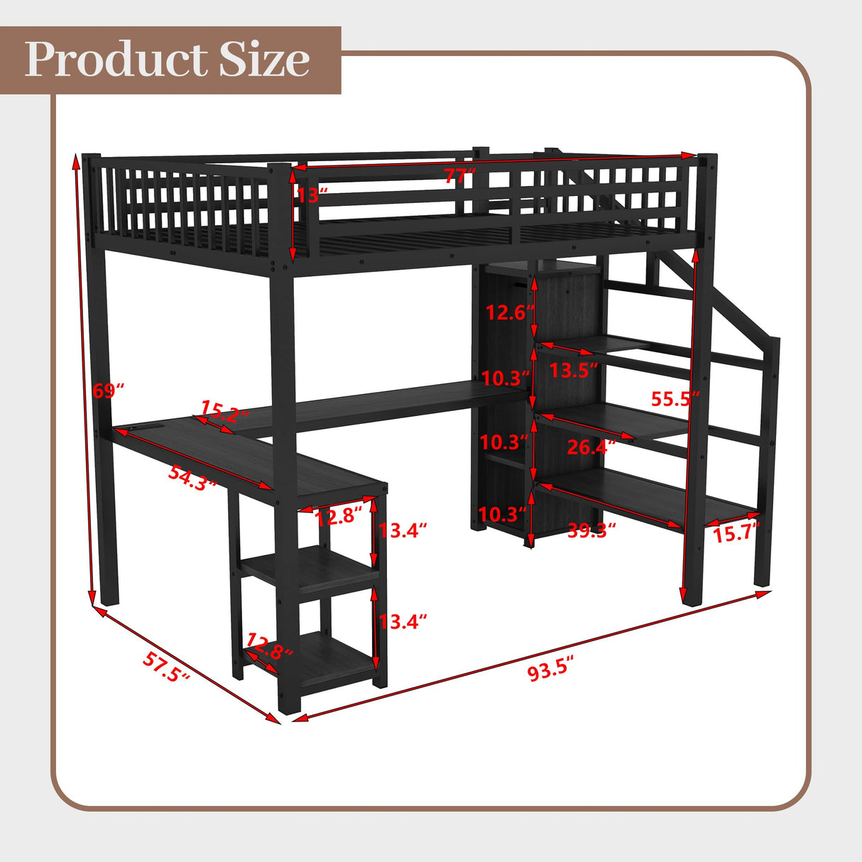 Full Size Loft Bed with Desk and Stairs, Gaming Loft Bed with RGB LED Light and Storage, Heavy-Duty Metal Lofts Beds Frame with Wardrobe, Shelves and Charging Station for Adults Kids Teens, Black Mirightone