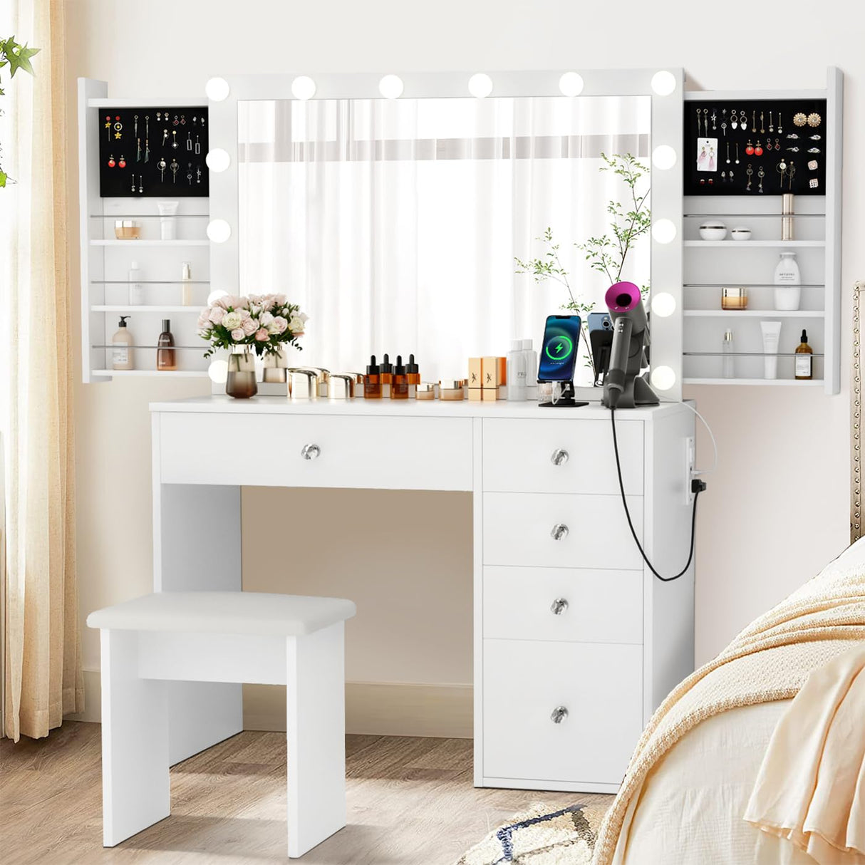 Makeup Vanity Desk with Lighted Mirror & Power Outlet & 5 Drawers, Vanity Table with 3 Lighting Modes Brightness Adjustable, Sliding Storage, White Vanity Set for Bedroom SMOOL