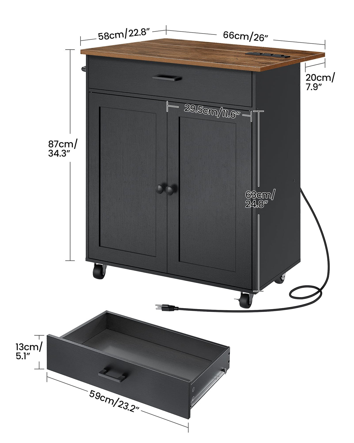 CHOEZON Kitchen Island Cart with Storage, Kitchen Island Table with Charging Station, Rolling Island Cart for Kitchen, 3 AC Outlets, Expandable Tabletop, Black and Rustic Brown MZD01UBFN1 CHOEZON